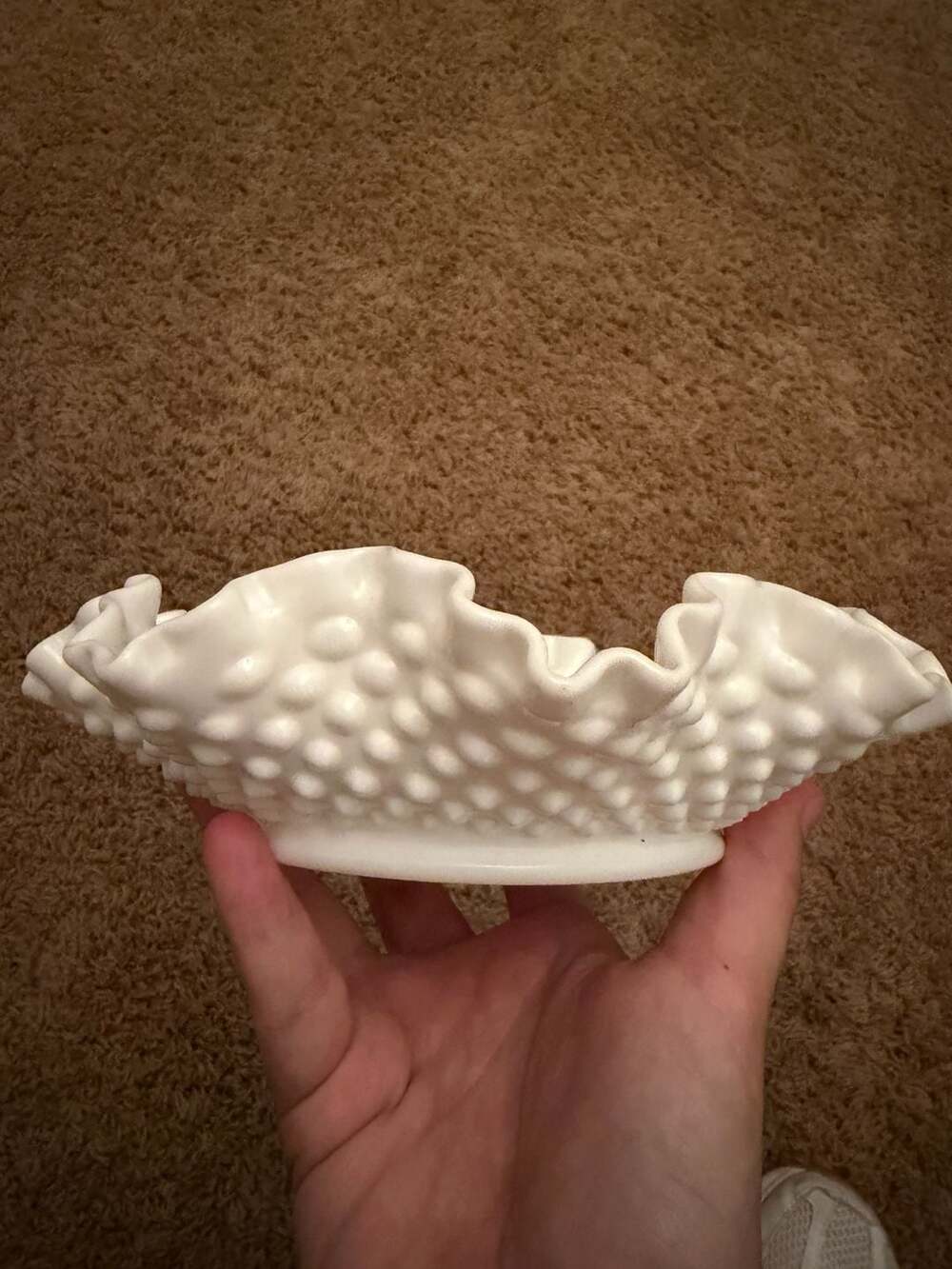 Vintage Fenton Milk Glass Hobnail Serving Bowl with Ruffled Edge